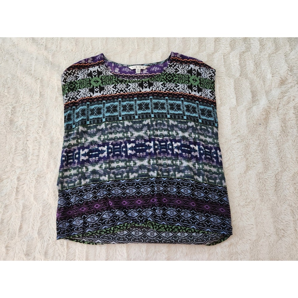 Cabi Size XS Covet Blouse Aztec Boho Print‎ Blue Purple Short Sleeve 832